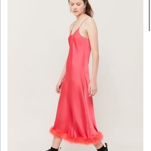 UO Satin slip dress with faux fur trim